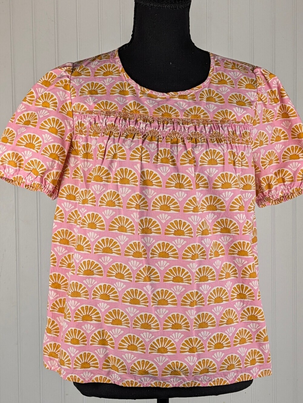 J.Crew Pink and Mustard Patterned Short Sleeve Blouse, Size Small